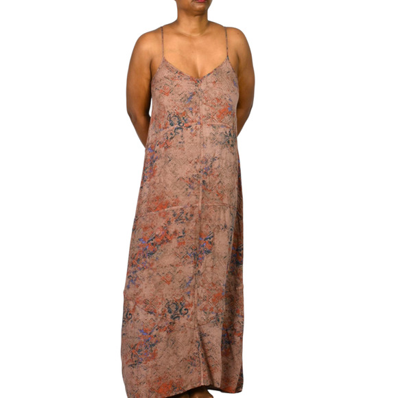 Hinge Slip Dress Brown Print Maxi Rayon Sundress Spaghetti Straps Flowy Small - Picture 8 of 13